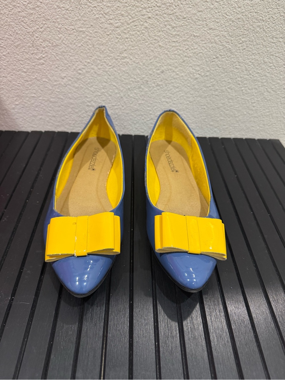 Shoe Dazzle Blue Flats with Yellow Bow Accent